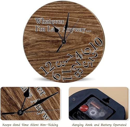 Vista 3 de Round Wall Clocks Whatever I'm Late Anyway Wood Wall Clocks Vintage Brown Wood Grain Distressed Clocks Battery Operated Rustic Shabby Wooden Clock