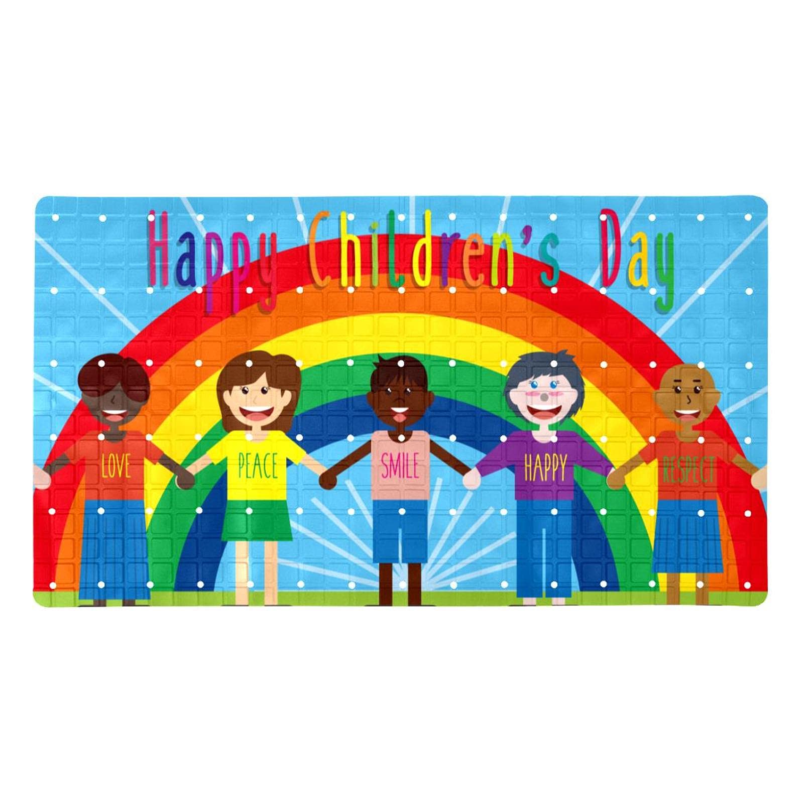 Tapis de bain antidérapant en PVC rectangulaire avec ventouses et trous de drainage arc-en-ciel