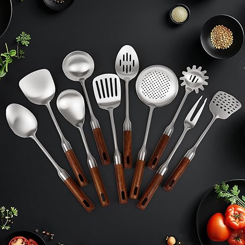 Miniatura 5 de Juego de utensilios de cocina de acero inoxidable con mango de madera, juego de utensilios de cocina de metal de 10 piezas, utensilios de cocina de