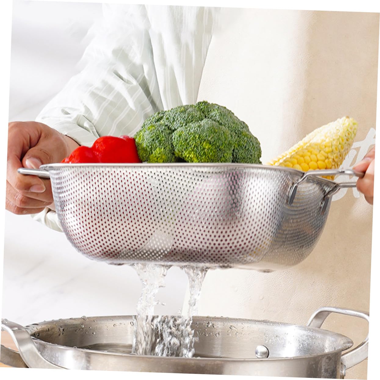 Colador de Acero Inoxidable con Asas Dobles, 1 Pieza, Plata | Gran Capacidad, Drenaje y Filtrado de Agua, Formato Cuadrado para Lavado de Frutas y Verduras