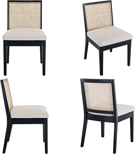 Miniatura 7 de Juego de 2 sillas de comedor de ratán de granja, sillas de comedor de madera negra, sillas rectangulares de cocina, sillas de comedor tapizadas,