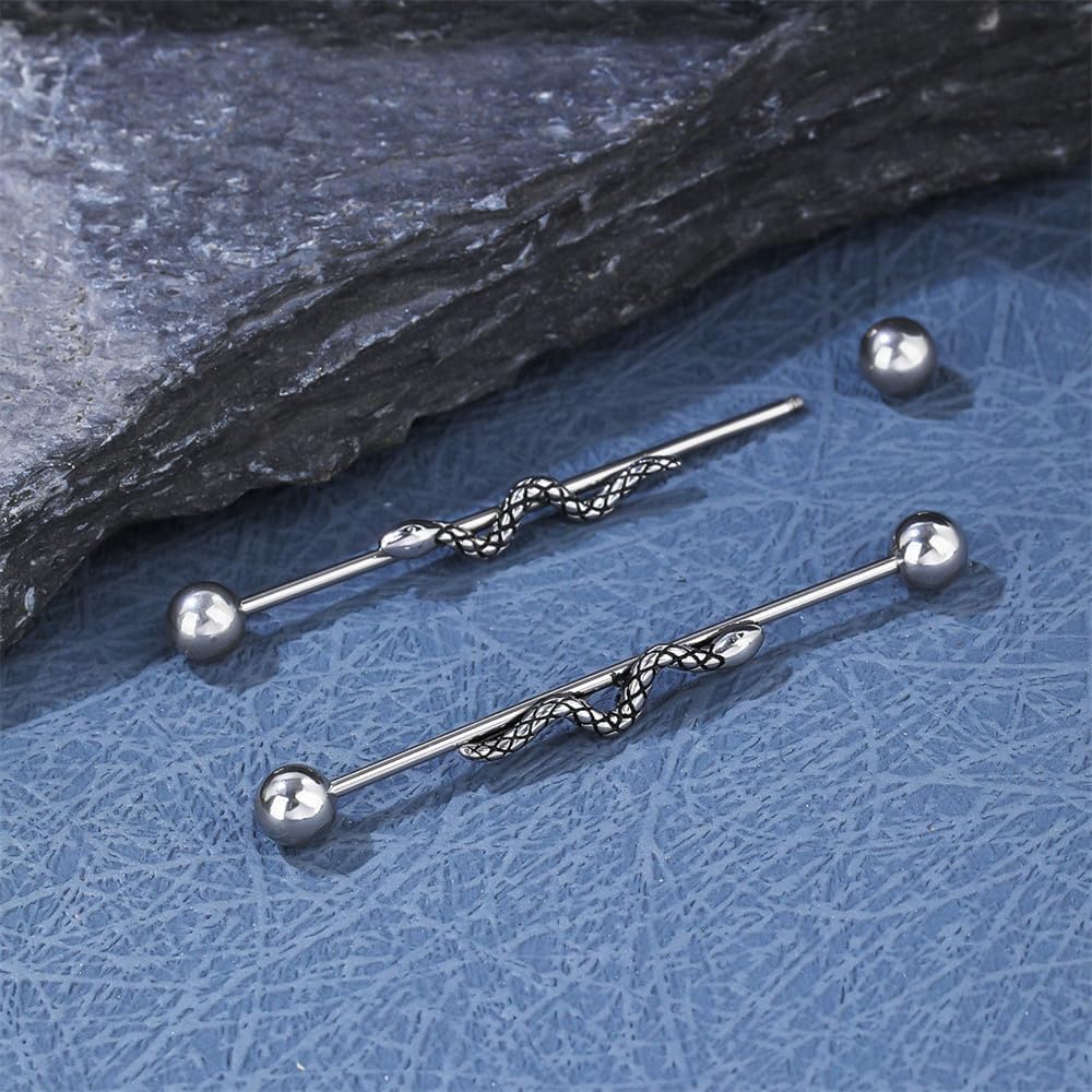 Snake Industrial Barbell Earrings 16G Stainless Steel Punk Snake Industrial Bar Long Cartilage Helix Piercing Barbell Earrings Body Jewelry for Women Men - Image 4