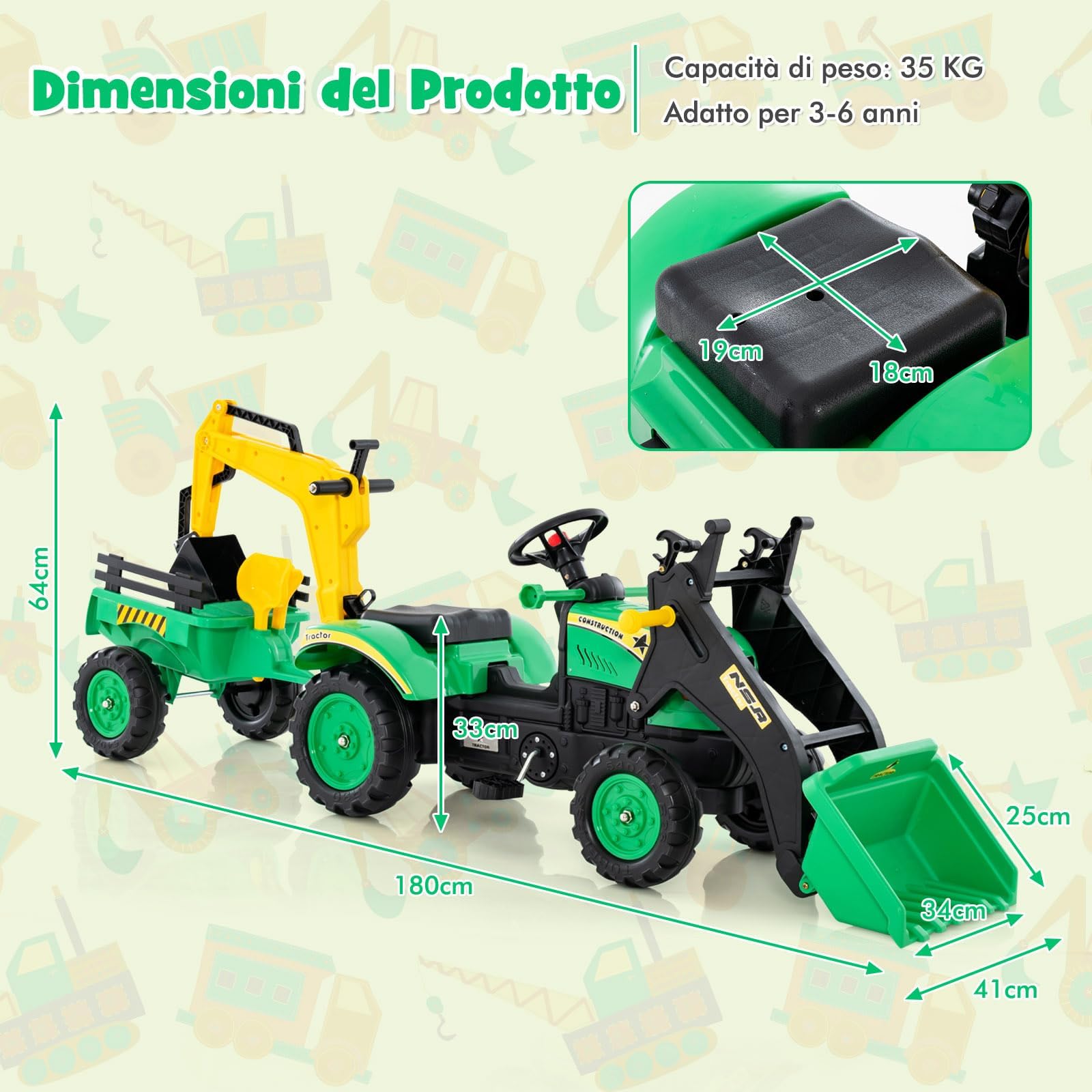 RELAX4LIFE Trattore per Bambini 3 in 1 3-6 Anni con 2 Benne Regolabile e Rimorchio Staccabile con 6 Ruote, Carico Bulldozer 35 kg (VERDE)