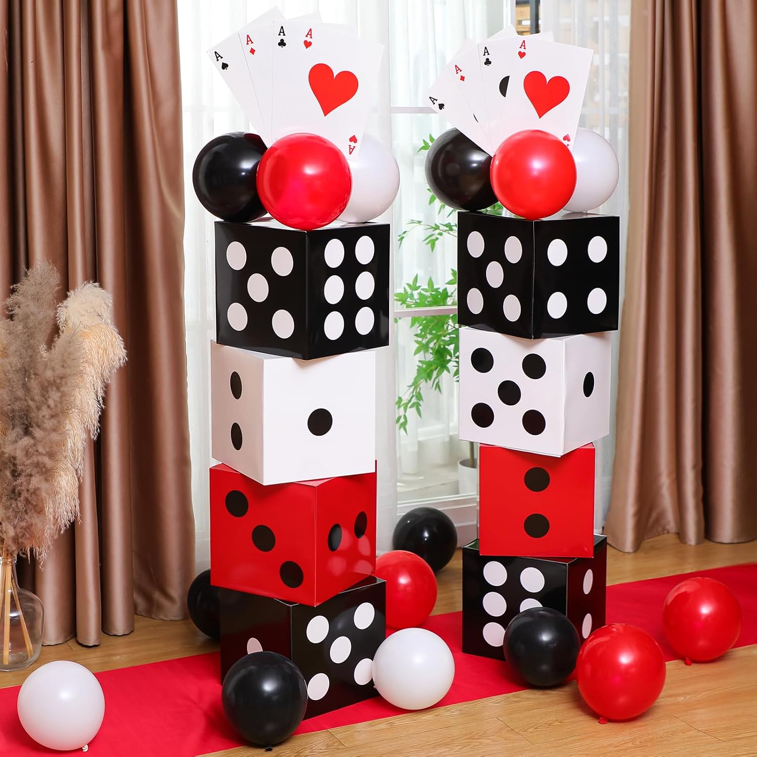 52 Pcs Casino Themed Decorations Set Las Vegas Game Night Entryway Door Party Decor 8 Pcs 12 Inch Large Dice Boxes 8 Jumbo Poker Cards 30 Pcs Balloon Aisle Runners for Birthday Celebration