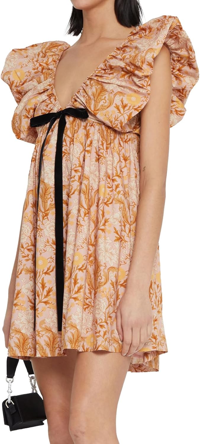 hibshaby Women's Floral Print Mini Dress V Neck Puff Sleeve Dress Short Babydoll Bow Dress - Image 2