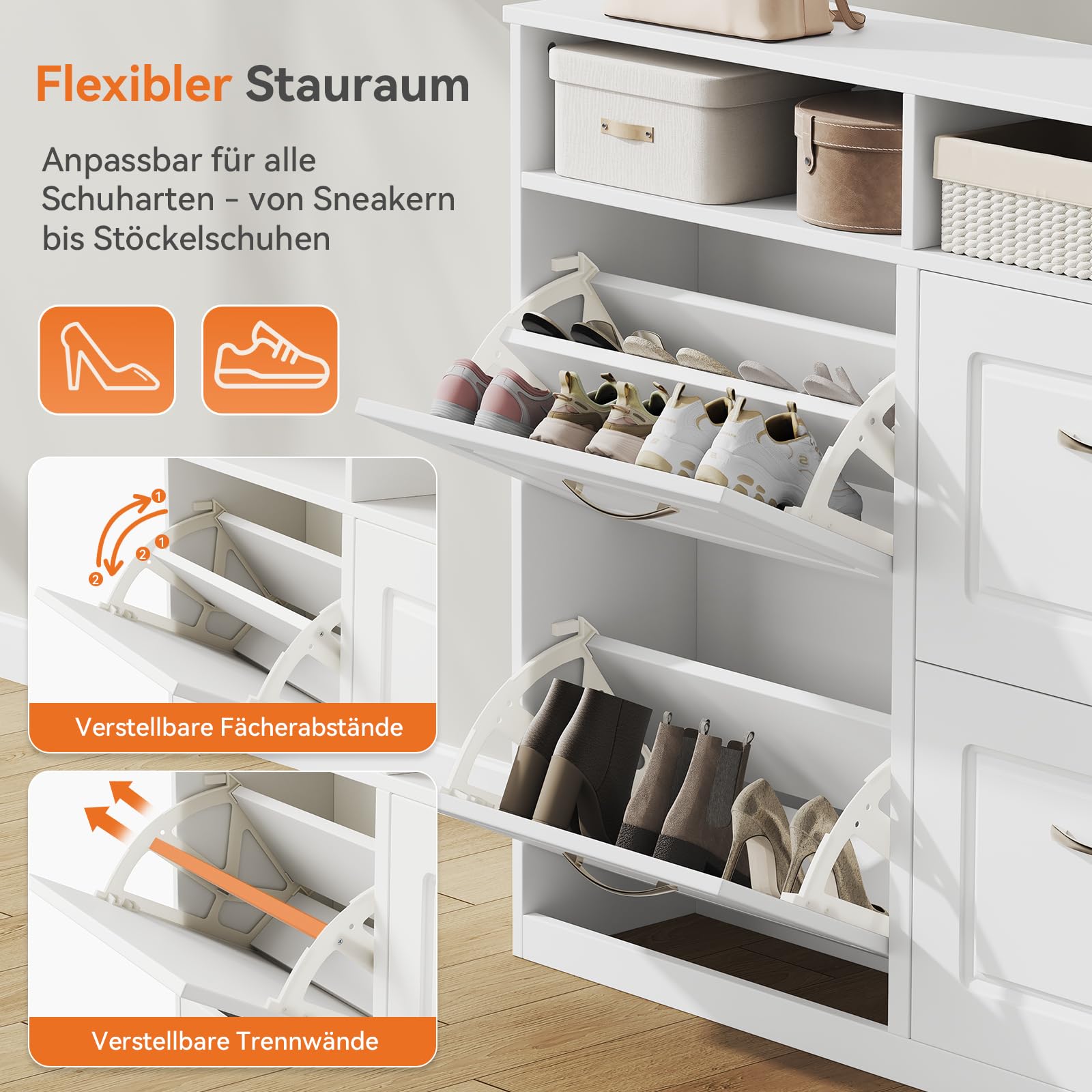 Sweetcrispy Schuhschrank mit 4 Klappen, schmaler Schuhkipper mit offenen Ablagefächern, verstellbare Trennwände, platzsparend für Flur/Diele/Eingang, 104 x 90 x 24 cm, Weiß