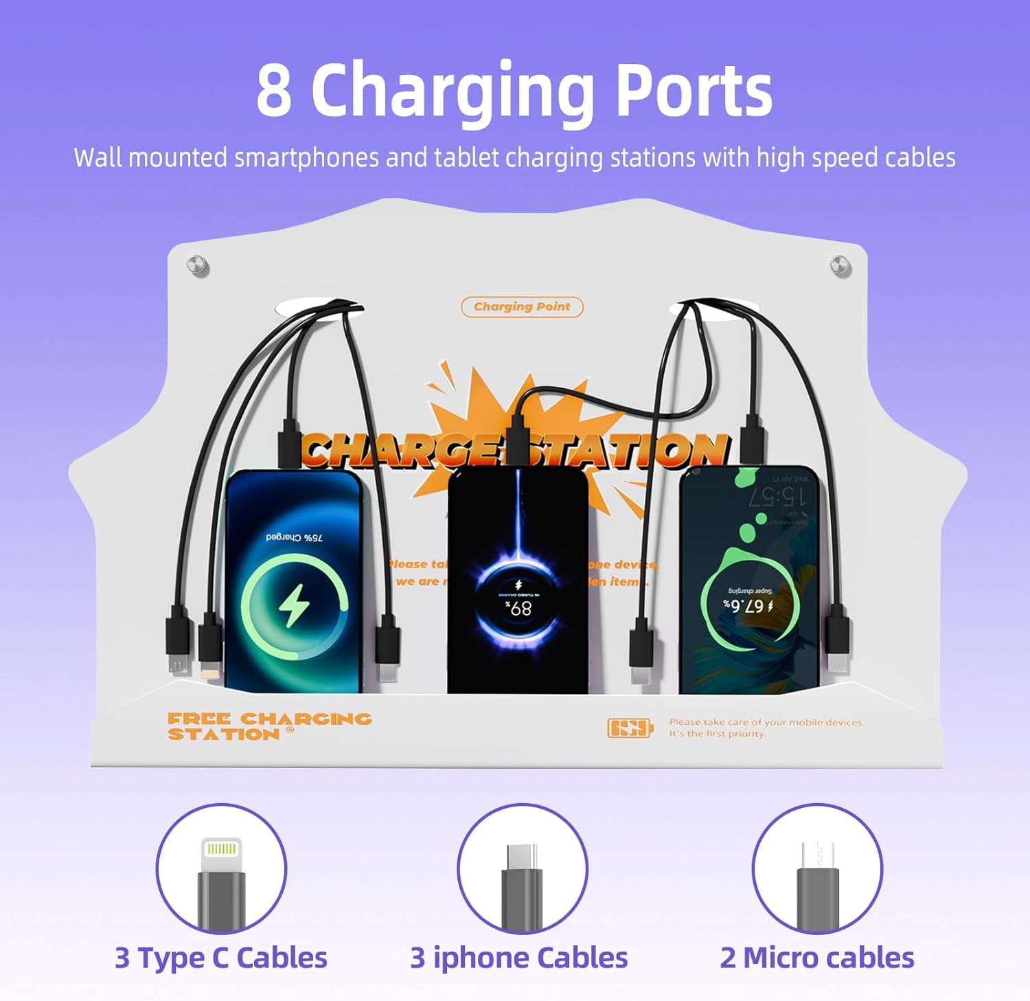 Wall Mounted Cell Phone Charging Station with 8-Port High-Speed Cables – Universal Dock for Apple, Type-C & Android Devices – Ideal for Airports, Hotels, Malls, Offices, Schools (White)