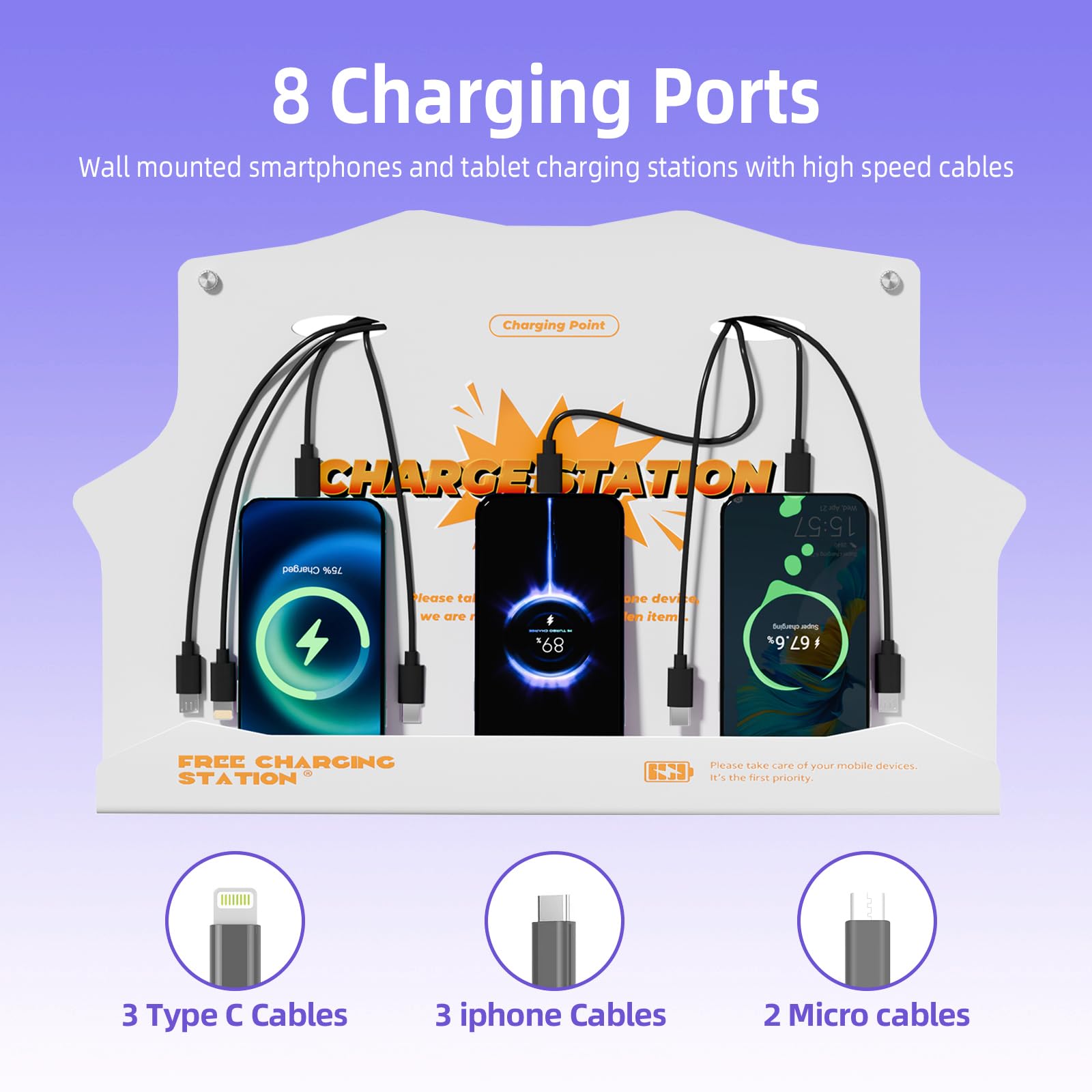 Estación de carga de teléfono celular montada en la pared con cables de alta velocidad de 8 puertos - Base universal para dispositivos Apple, tipo C y Android - Ideal para aeropuertos, hoteles,