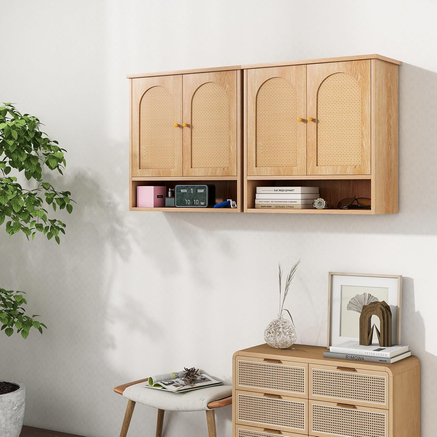 Giantex Medicine Cabinet, Bathroom Wall Cabinet with 2 Rattan Doors, Open Shelf, Heavy Duty Bathroom Cabinet, Cupboard for Kitchen, Living Room, Entryway, Over The Toilet Storage Cabinet, Wall Cabinet