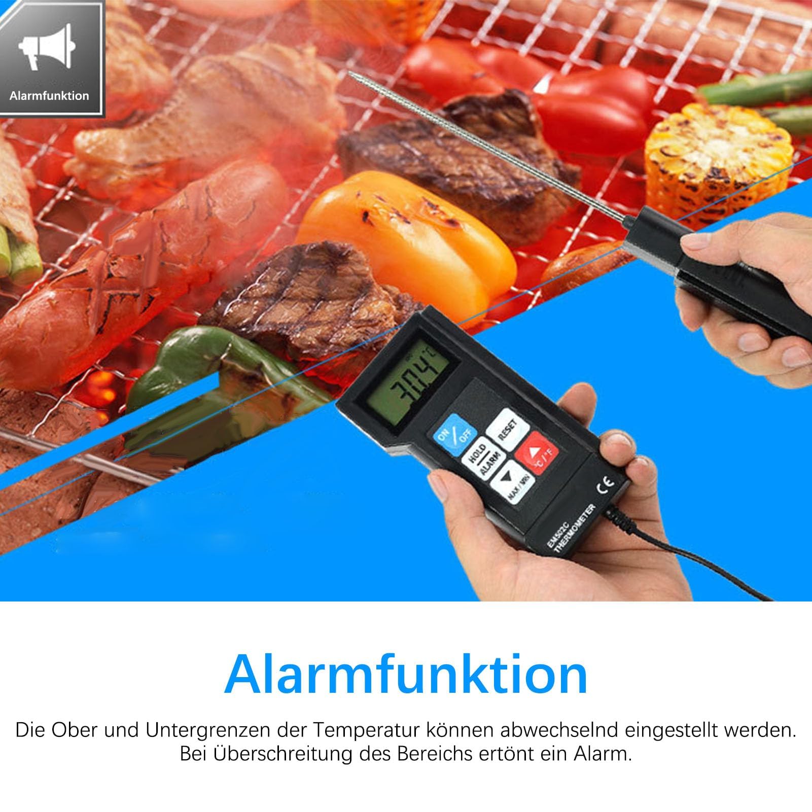 Professionelles Digitales Thermometer mit Fühler Hochpräzises Elektronisches Thermometer Wassertemperatur, EM502C für Lebensmittel Industrie