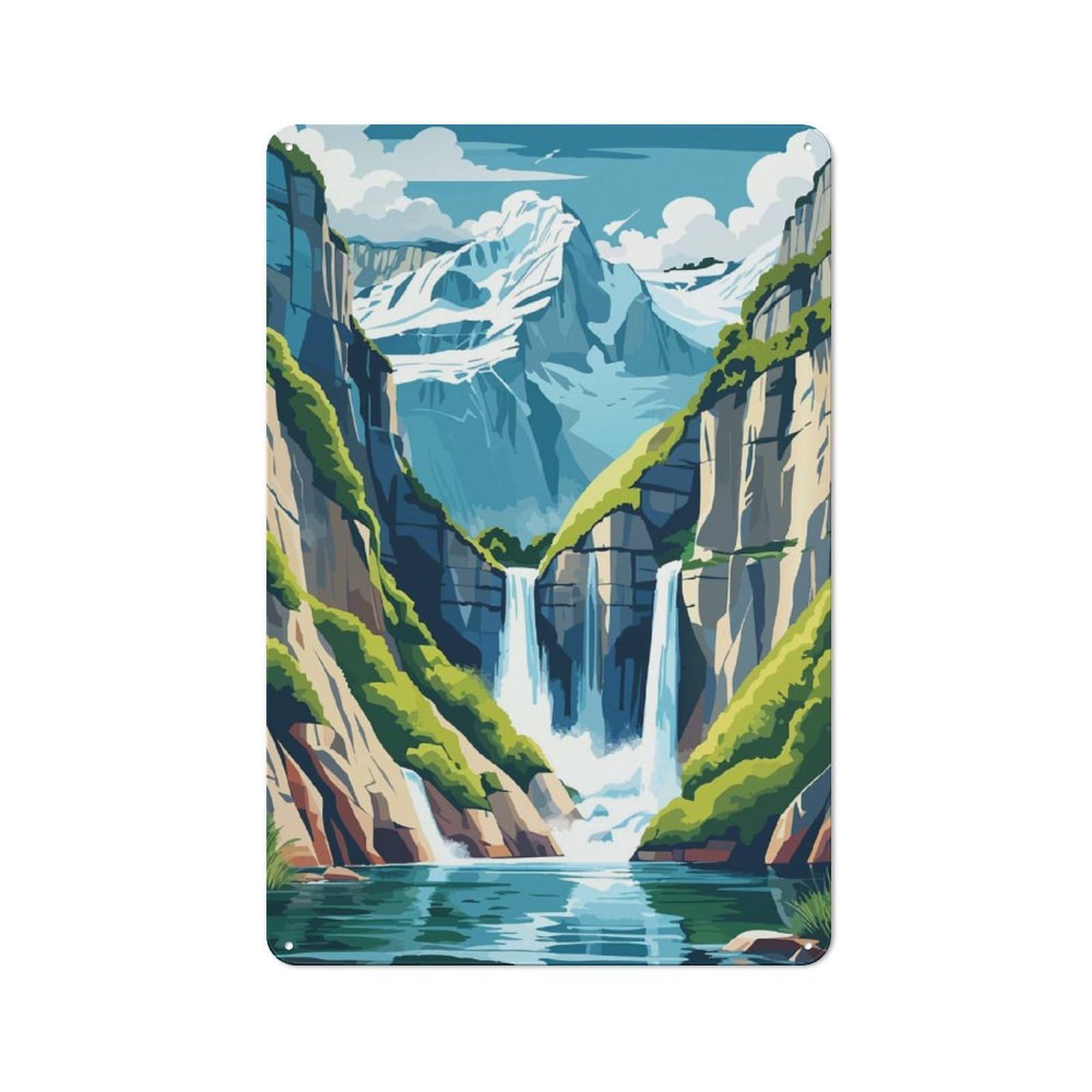 Junmoney Style-13 Mountain Waterfall Landscape Illustration Rustic Tin Sign 30X20cm For Garden Room Or Summerhouse, For An Autumn Wall Display In Garden Room And Summerhouse