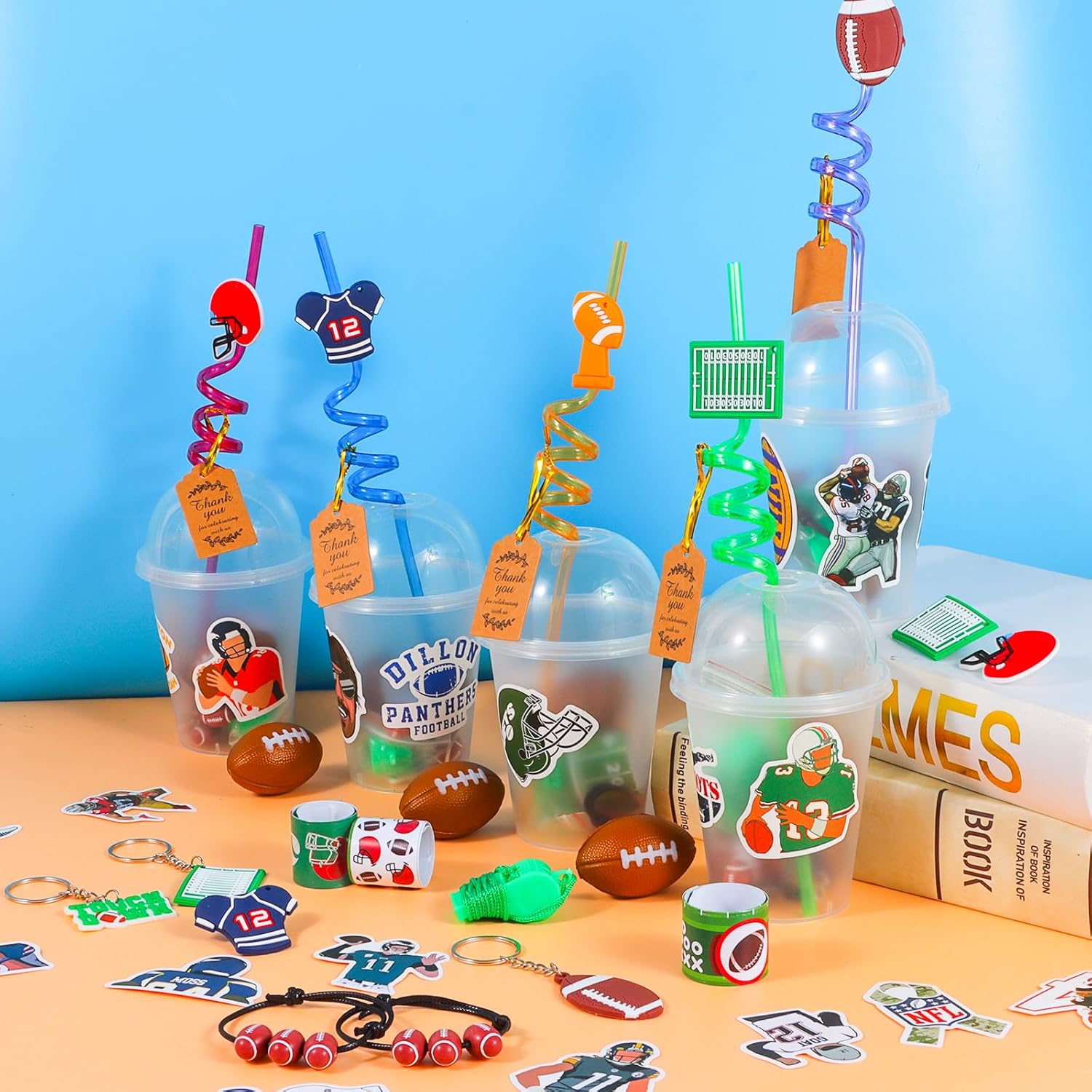 LiYiQ 158 Pcs Football Party Favors Football Party Supplies with Cup Straw Stress Ball Keychain Sticker Slaps Bracelets Whistle Thank You Tags for Football Birthday Decorations - Image 4