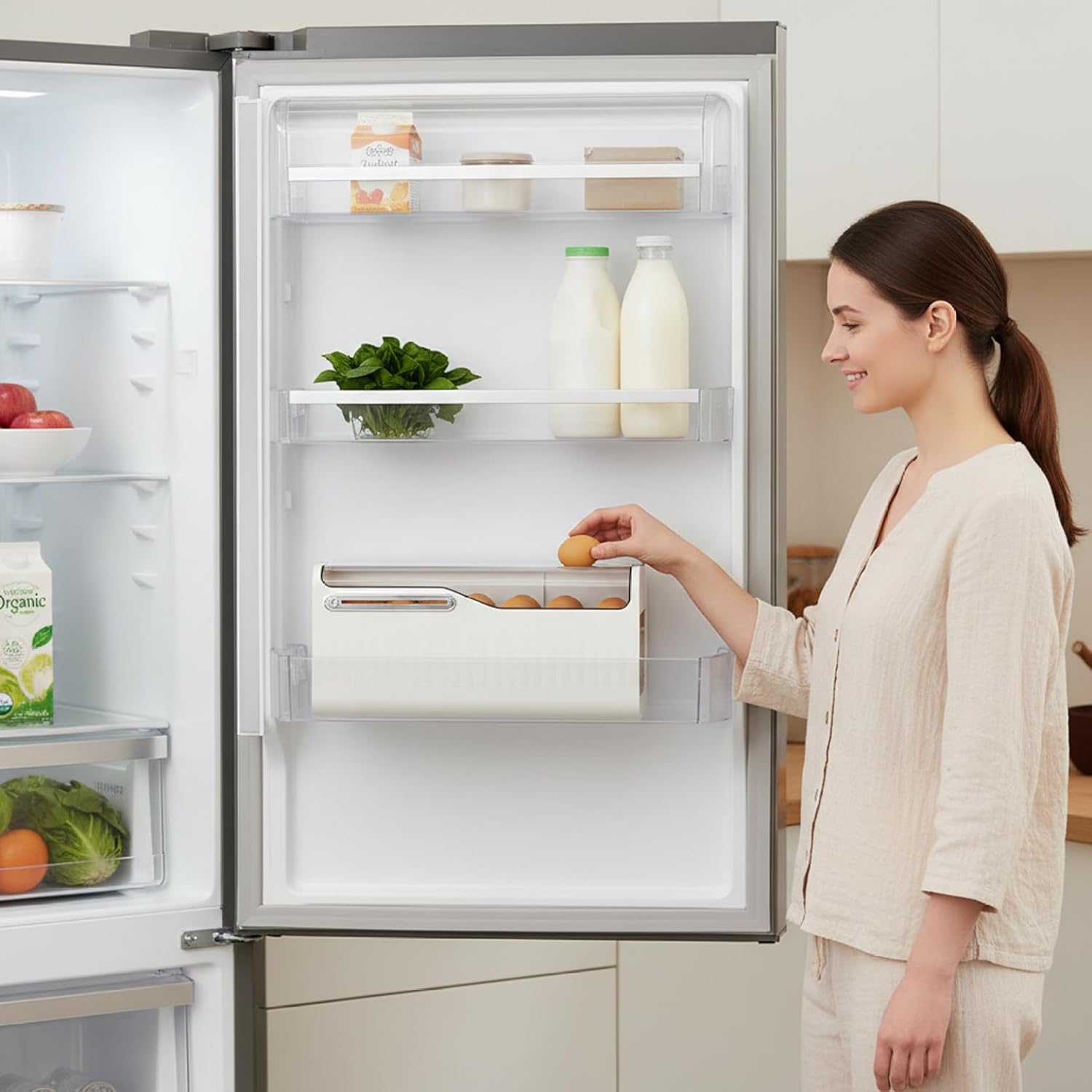 Egg Dispenser - Large Capacity Automatic Rolling Egg Holder for Fridge, Space Saving Fridge Eggs Organizer and Storage Container, Dispenser for Refrigerator