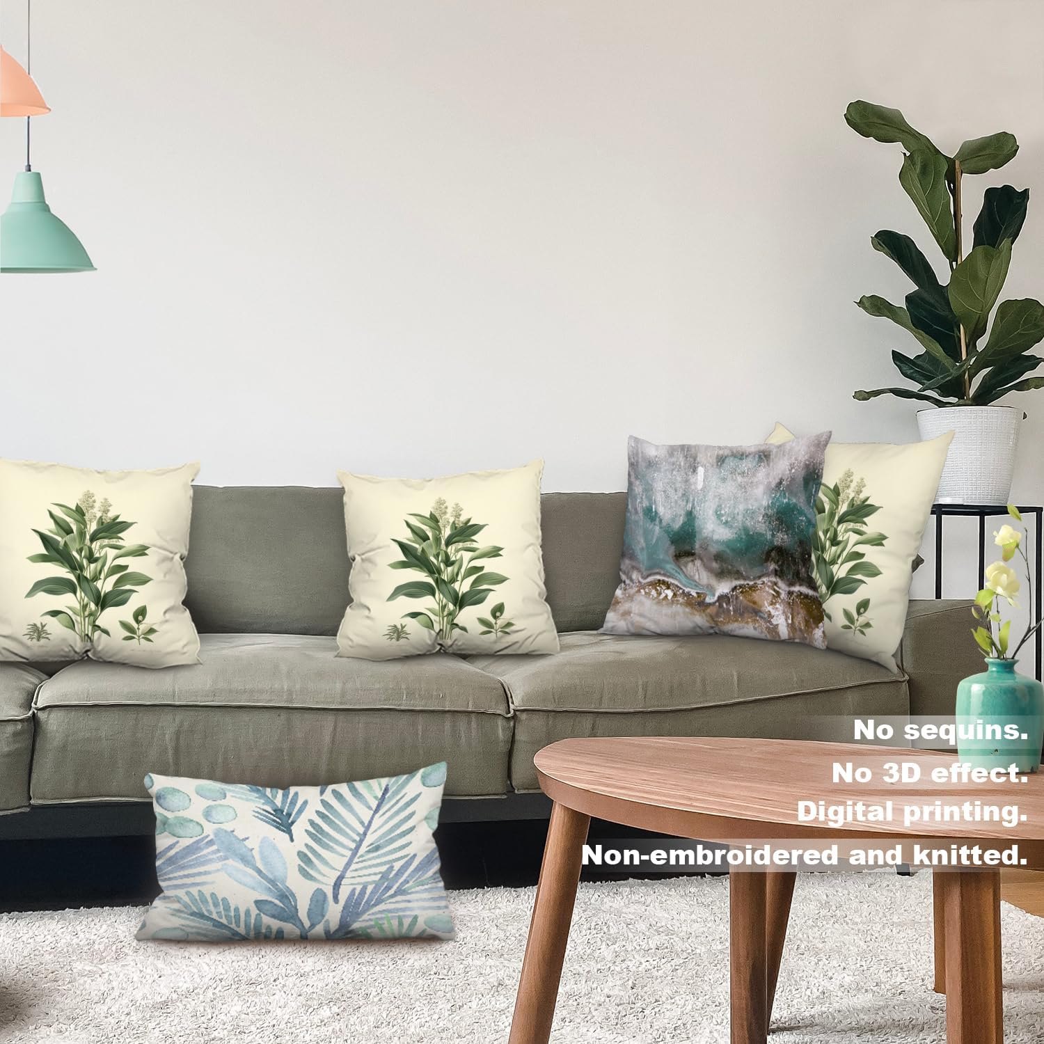 Batmerry Green Leaves White Flowers Throw Pillow Covers, Botanical Illustration Plant Decorative Pillow Covers Digital Printing Blended Fabric for Couch Sofa Bed Invisible Zipper 20X20 in(Set of 2)