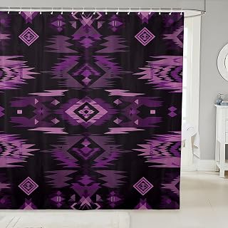 Feelyou Purple Black Southwestern Shower Curtain,Geometric Tribal Native American Indian Fabric Shower Curtain,Exotic Style Stripe Line Bathroom Waterproof Accessories with 12 Hooks,Curtains 72"x72"