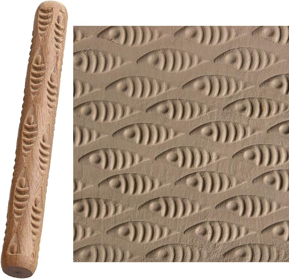 OwnMy Set of 5 Clay Modeling Pattern Rollers Kit, Fish Leaves Cobblestone Ripple Wood Grain Pattern 4.7 IN Clay Rolling Pin Textured Hand Roller Wooden Handle Pottery Tools Set