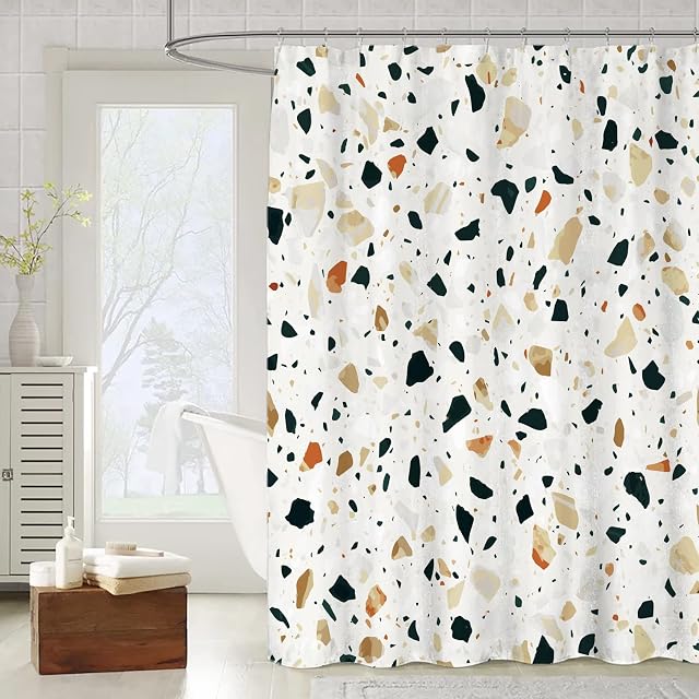 OCEUMACO Shower Curtain Bathroom Wet Room 3D Marble Terrazzo Extra Long Quality Bath Curtains Anti Mould Proof Resistant Washable 180 x 180 cm Waterproof Fabric with Hooks - Beige Brown