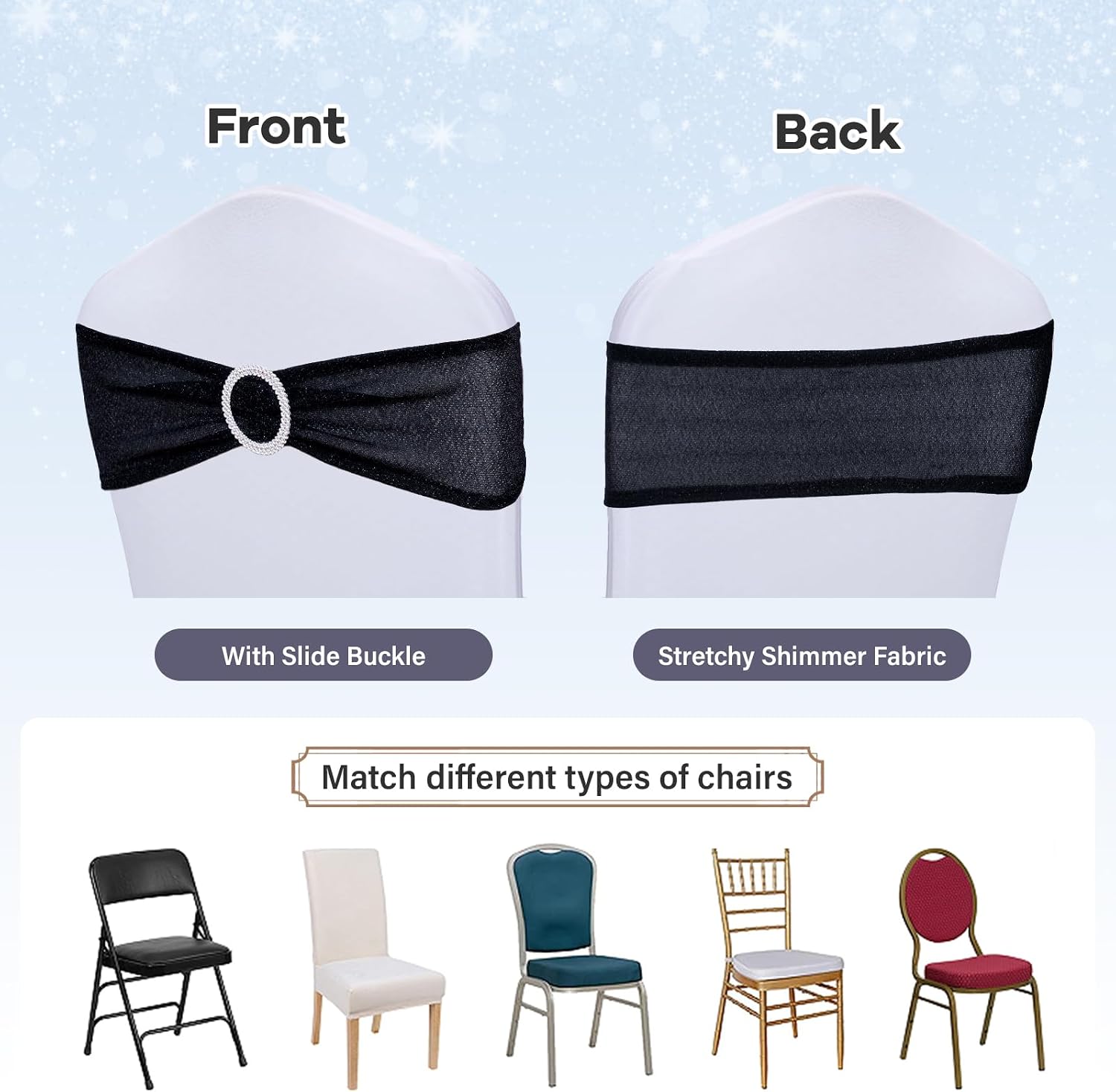 SquarePie Pack of 50 Black Chair Sashes Bows with Buckle Slider Glitter Universal Elastic Spandex Chair Bands Ties for Banquet Event Decor
