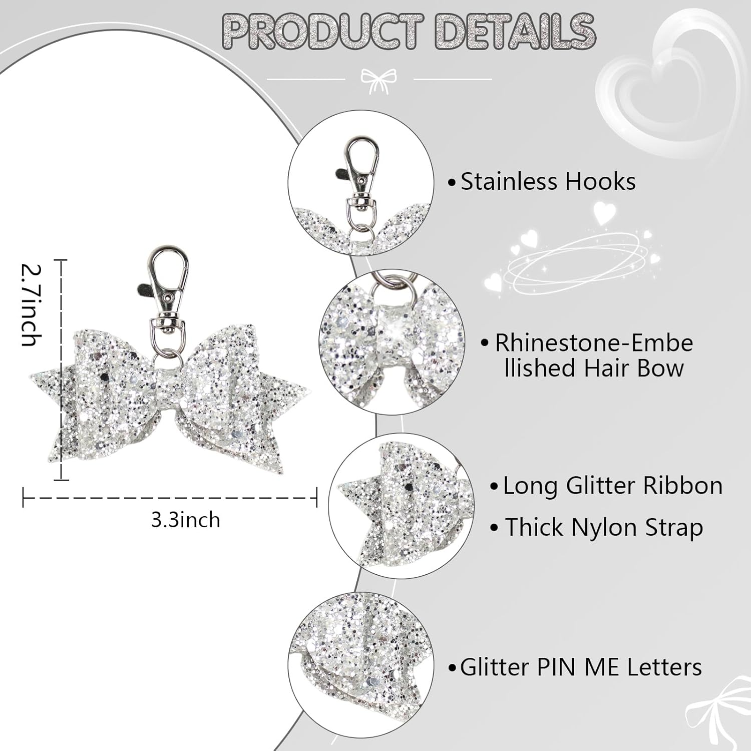 2 PCS Glitter Shiny Charm Keychain for Purse, Wallet, Handbag, Car keys, Handmade Sparkling Glitter Bow 3.3" x 2.7 " - Image 2