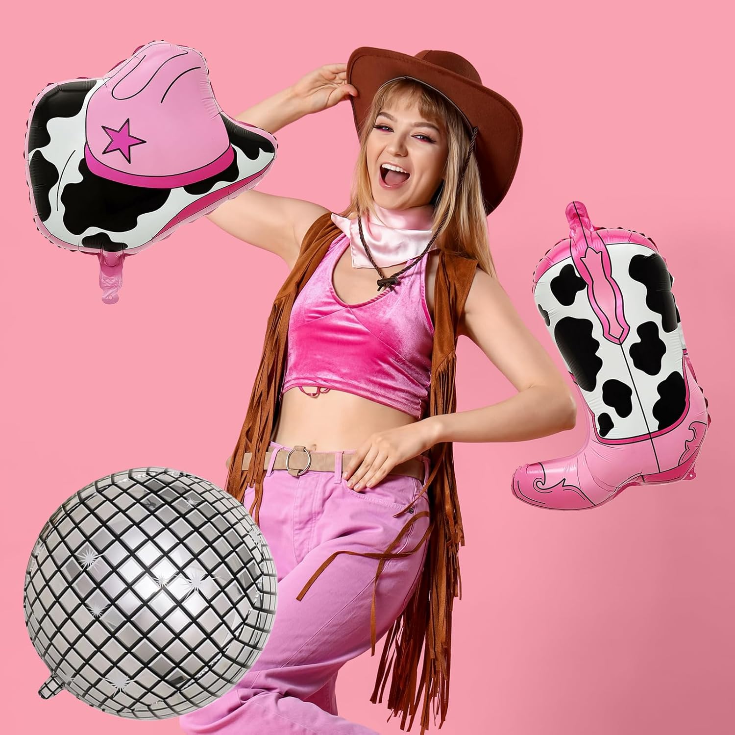 Crenics Disco Cowgirl Birthday Decorations - Disco Cowgirl Birthday Backdrop, Banner, Swirls, Honeycomb, Paper Pom Poms and Balloons for Cowgirl Theme Party Supplies - Image 8