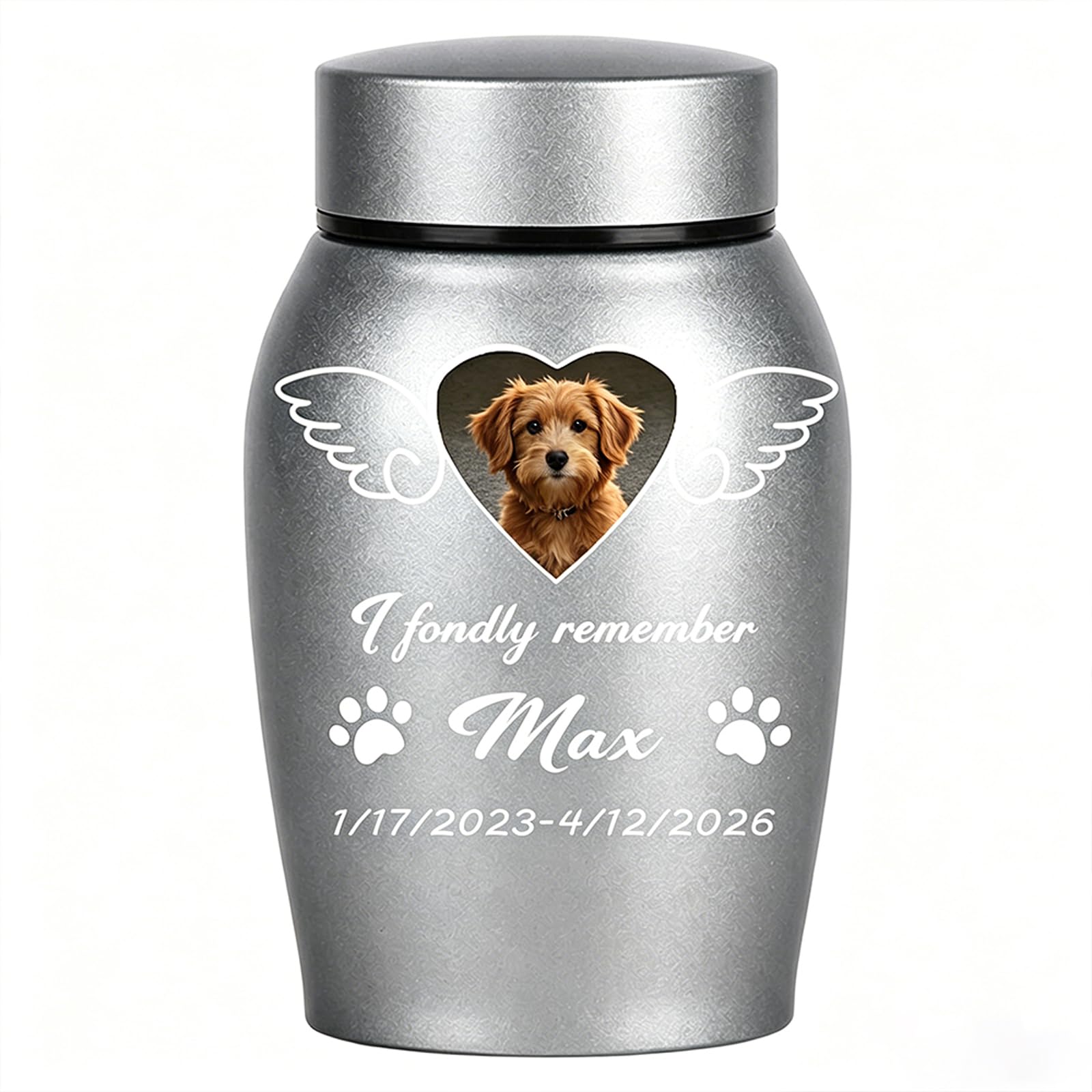 Personalised Pet Urn, Custom Dog and Cat Cremation Urn with Engraved Name & Photo, Memorial Funeral Keepsake, Sympathy Remembrance Gift for Lost Pets (Wings)