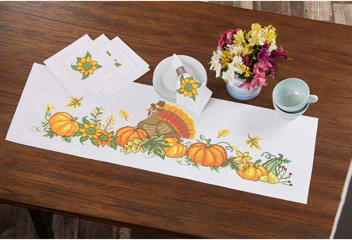 Herrschners Grateful Harvest Table Runner & Napkins Set Stamped Cross-Stitch