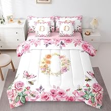 Erosebridal 7 Pieces Bed in a Bag Twin Bedding Set with Sheets,Floral A-Z Comforter Sets for All Season,1 Comforter, 2 Cushion Covers, 1 Flat Sheet, 1 Fitted Sheet, 2 Pillowcases