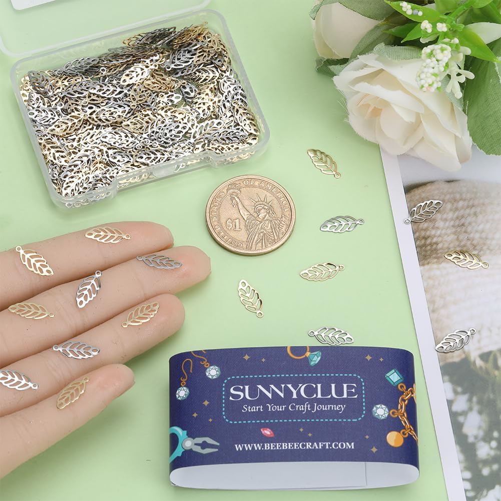 SUNNYCLUE 1 Box 300Pcs 2 Colors Stainless Steel Leaf Charm Small Tree Leaf Charms Bulk Silver Hollow Metal Leaves Mini Fall Charm for Jewelry Making Charms Supplies DIY Necklace Bracelet Earring Women - Image 3