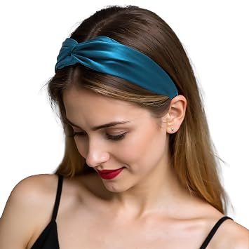 ZLYC Mulberry Silk Headband Elastic Twist Knotted Head Bands for Women's Hair, Solid Mineral Blue