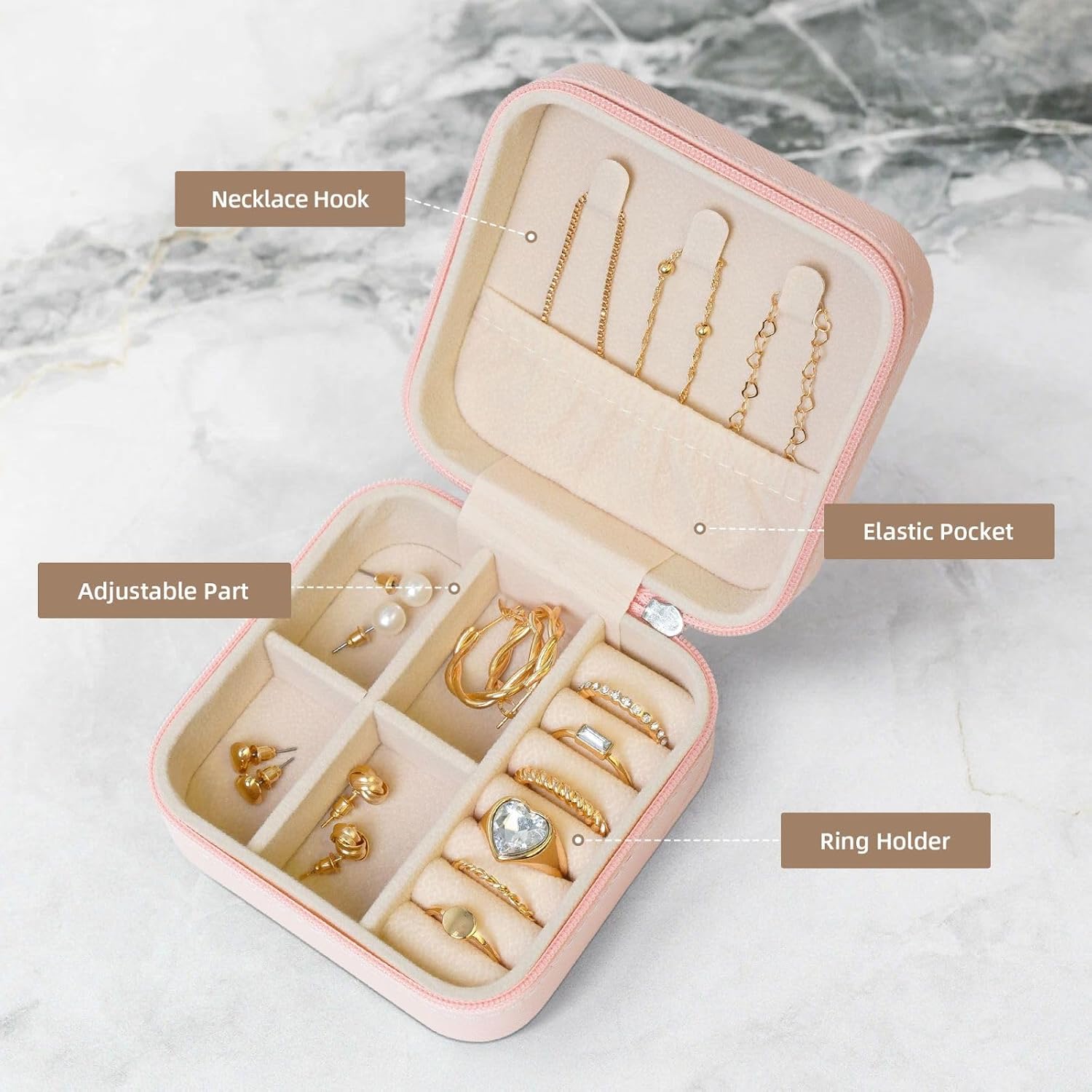 Jewelry Box for Women Leather Travel Jewelry Case Music Album Frame Portable Jewelry Organizer Box Mini Jewelry Travel Case with Zipper for Earrings Bracelets Rings Necklace image 4