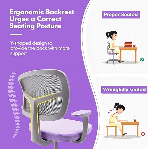 Miniatura 5 de Silla de escritorio para niños, silla de estudio para niños de altura ajustable con soporte lumbar, asiento de malla giratoria, ruedas universales,