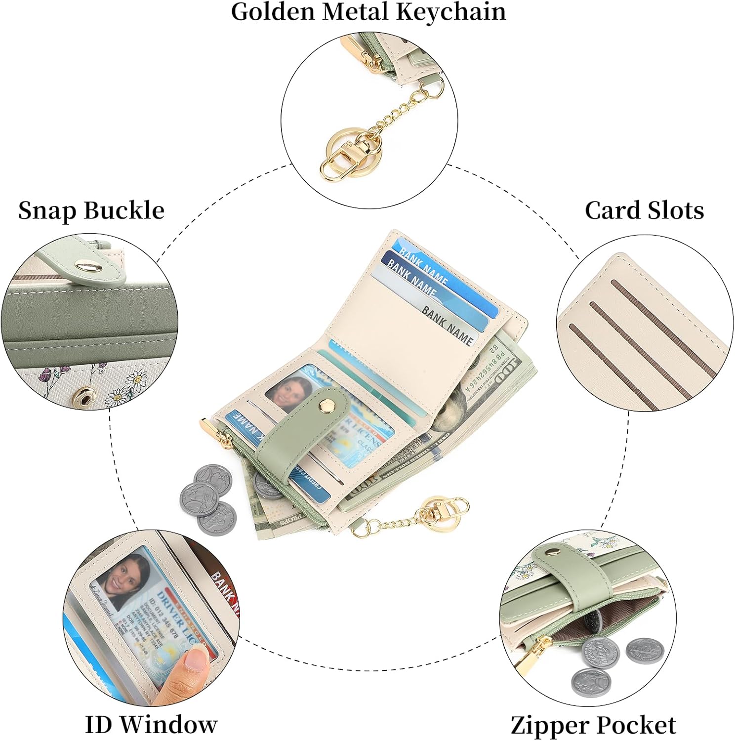 GAEKEAO Small Wallet for Women RFID Blocking Slim Bifold Floral Leather Card Holder with Zipper Pocket ID Window - Image 6