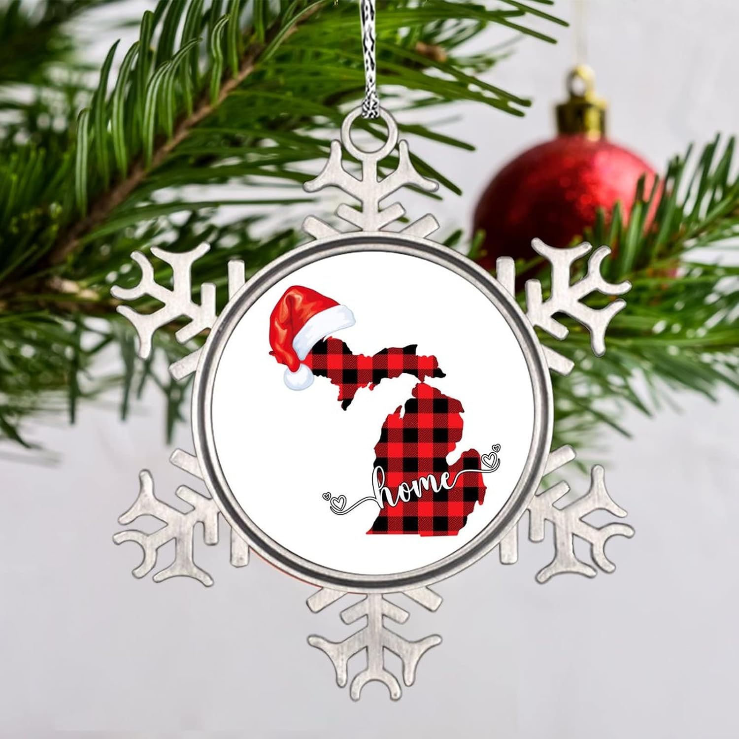 Snowflake Ornaments Michigan Home State Personalized Christmas Ornaments 2022 Buffalo Plaid Christmas Hat Ornament for Christmas Tree Decor Metal Souvenir Xmas Tree Hang Pendant Exchange Gift 3 Inch