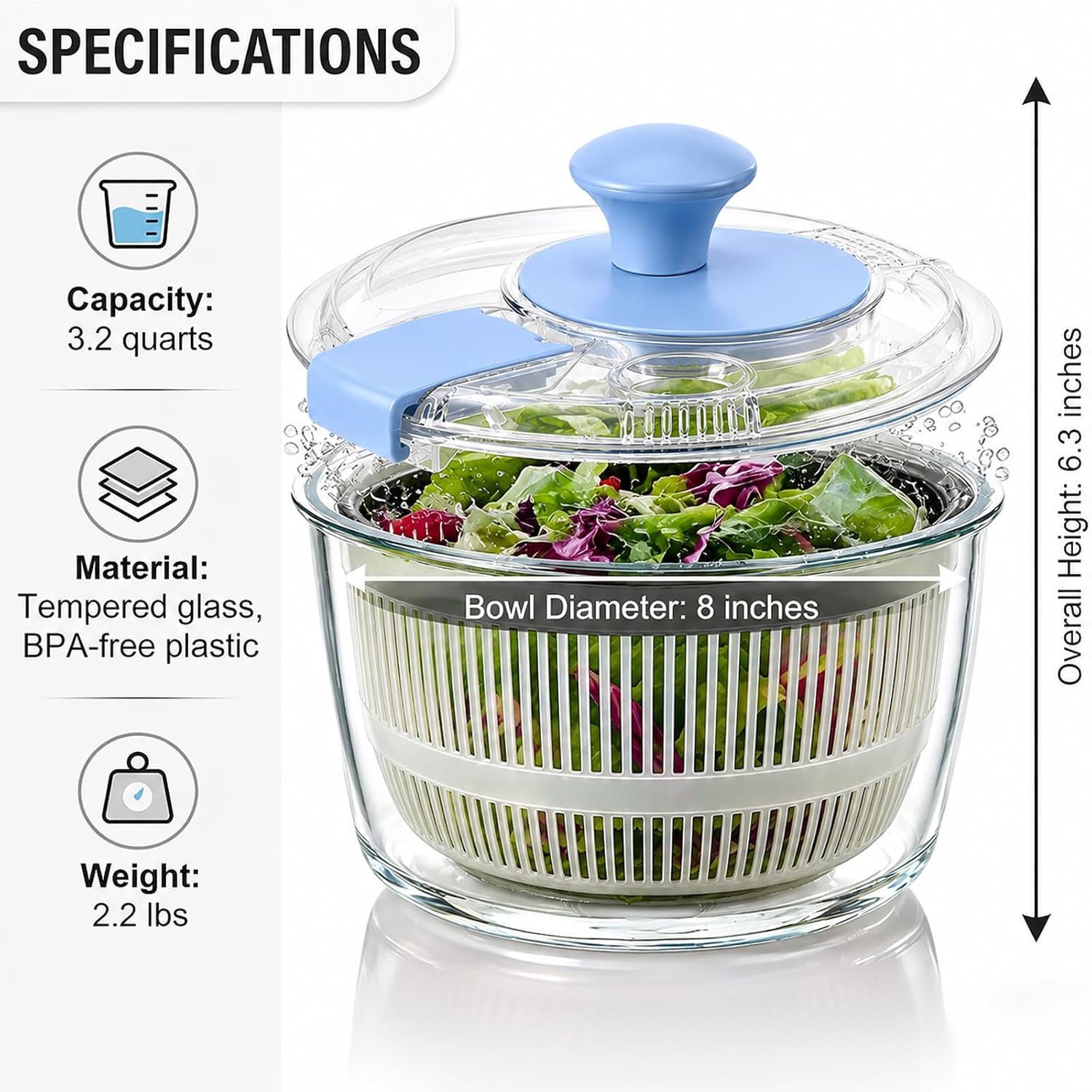 3.2 Qt Glass Salad Spinner with Storage Lid, Non-Slip Base & Basket, Blue