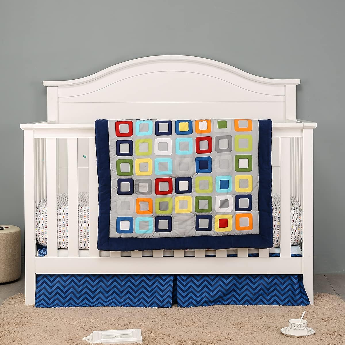 2 PCs Navy Blue Geometry Nursery Crib Bedding Set Quilt + Fitted Sheet Baby Boy Geometric Pattern Cot Bedding Set