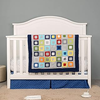 4 PCs Blue Geometry Square Pattern Nursery Crib Bedding Set 1 Quilt,2 Fitted Sheet, 1 Skirt Baby Boy Cot Bedding Set
