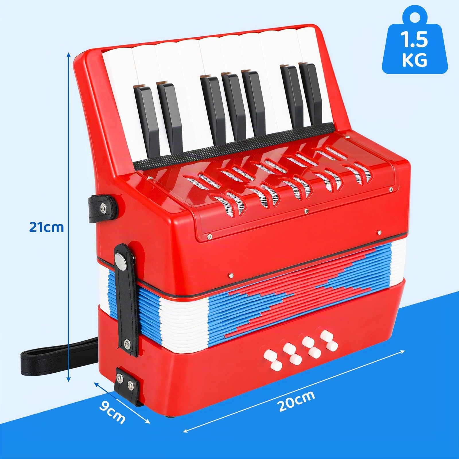 Fisarmonica per Bambini 17 Tasti 8 Bassi Pianoforte Organetto con Cinghie Regolabili Strumento Musicale per Principianti Rosso