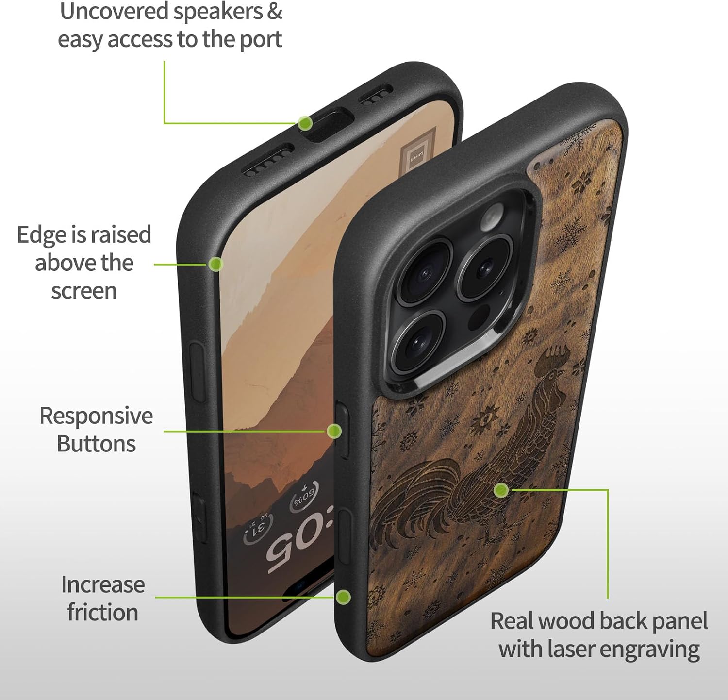Carveit Magnetic Wooden Case for iPhone 16 Pro Max Case, Wood Artisan Engraved & Black Soft TPU Shockproof Cover, Compatible with MagSafe Wireless Chargers (Rooster Winter Spirit) Walnut