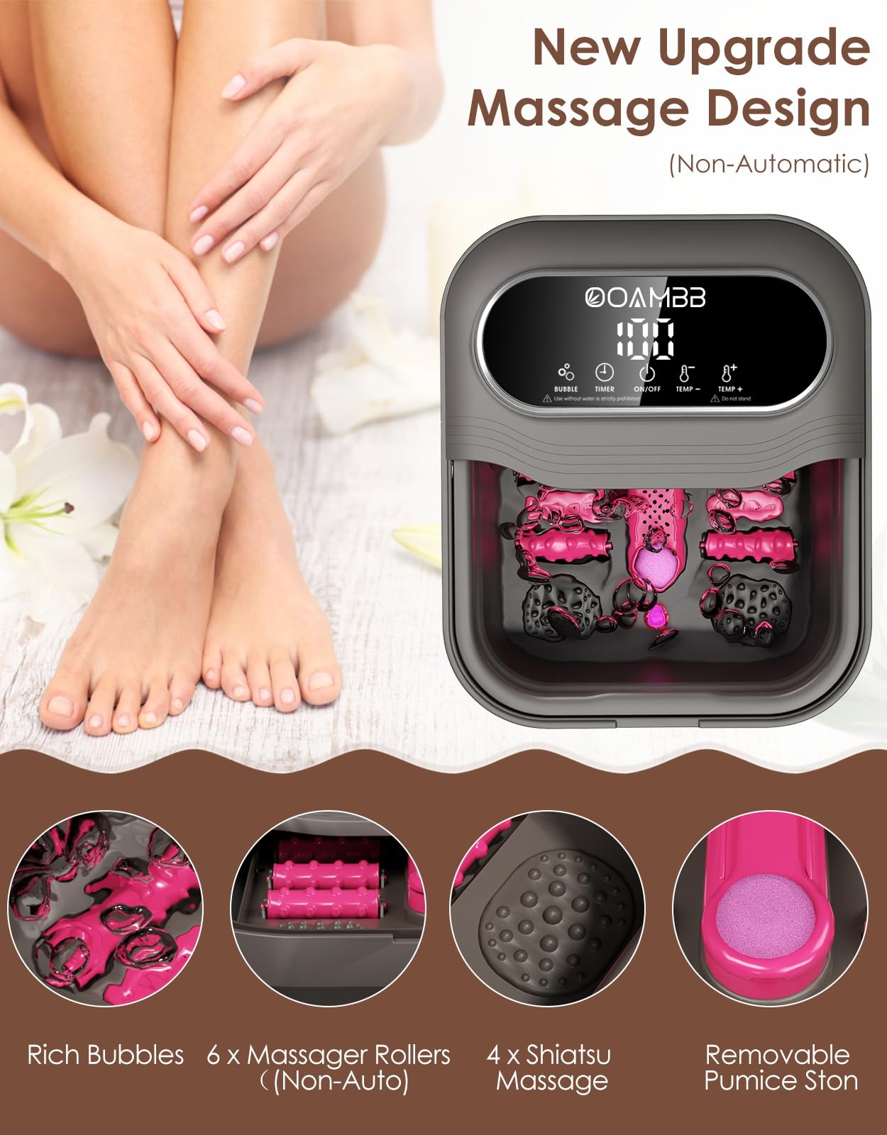 OOAMBB Spa per piedi pieghevole con controllo di calore, bolle e temperatura, massaggiatore per pediluvio con touch screen XL e rulli massaggianti, vasca da bagno per pedicure, per alleviare lo stress