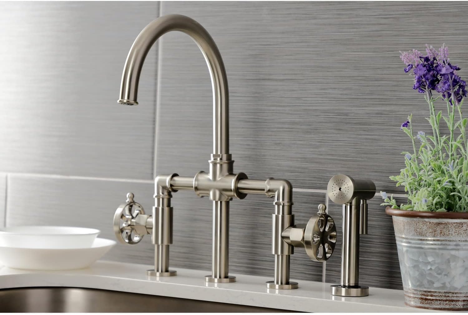 Kingston Brass KS2334RX Belknap Industrial Style Bridge Kitchen Faucet with Brass Sprayer, Black Stainless