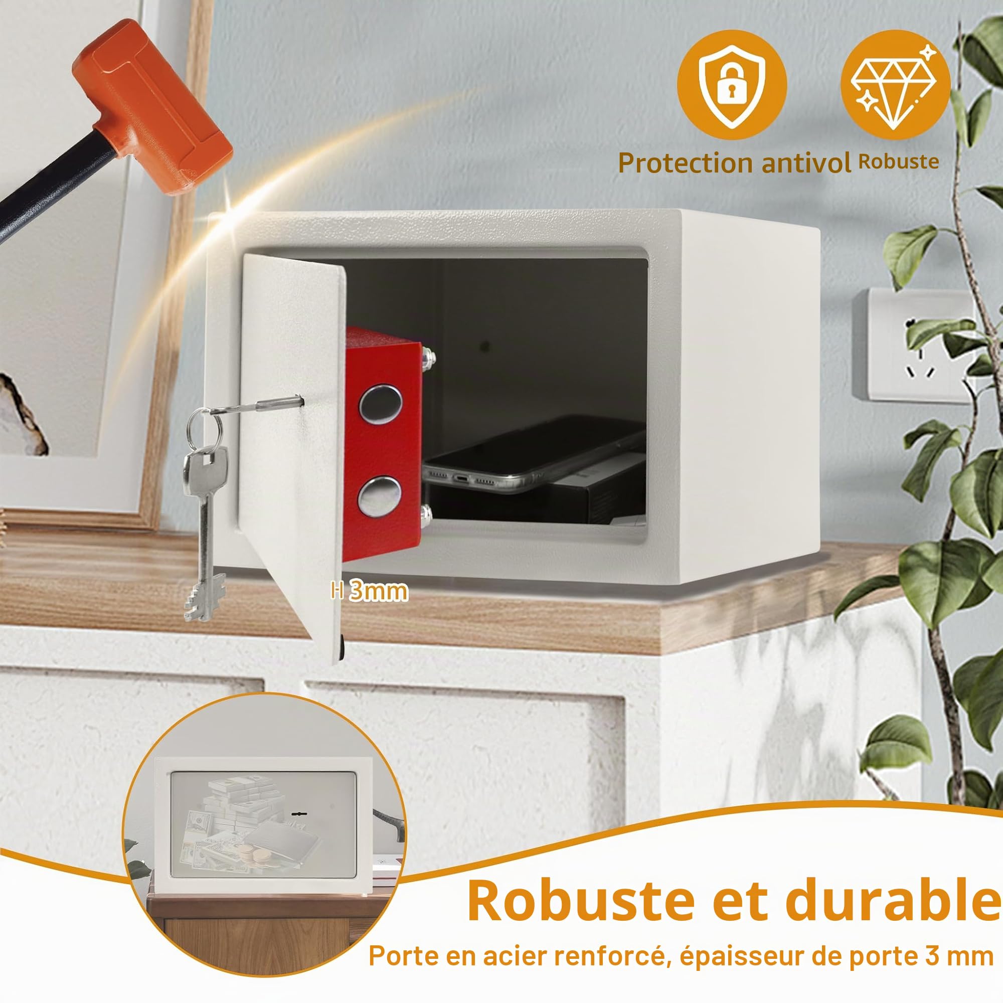 Coffre-fort pour la maison Petit coffre-fort de meubles avec clé en acier au carbone Coffre-fort mural résistant au feu et à l'eau, 31x20x20cm