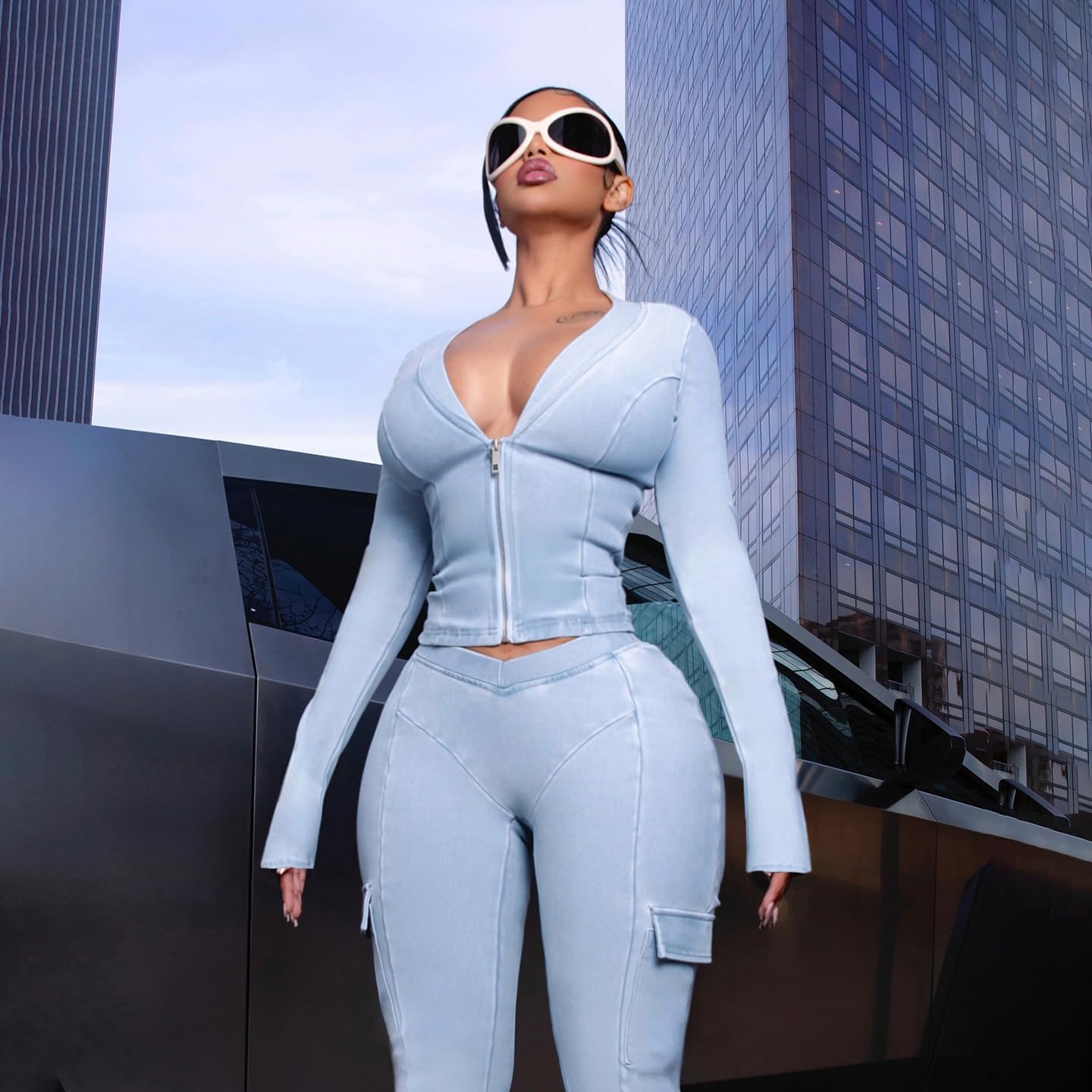 Molilove Women's 2 Piece Outfits Long Sleeve Sweatsuit Zipper Crop Jacket Bodycon Pants Tracksuit Going Out Streetwear - Image 3