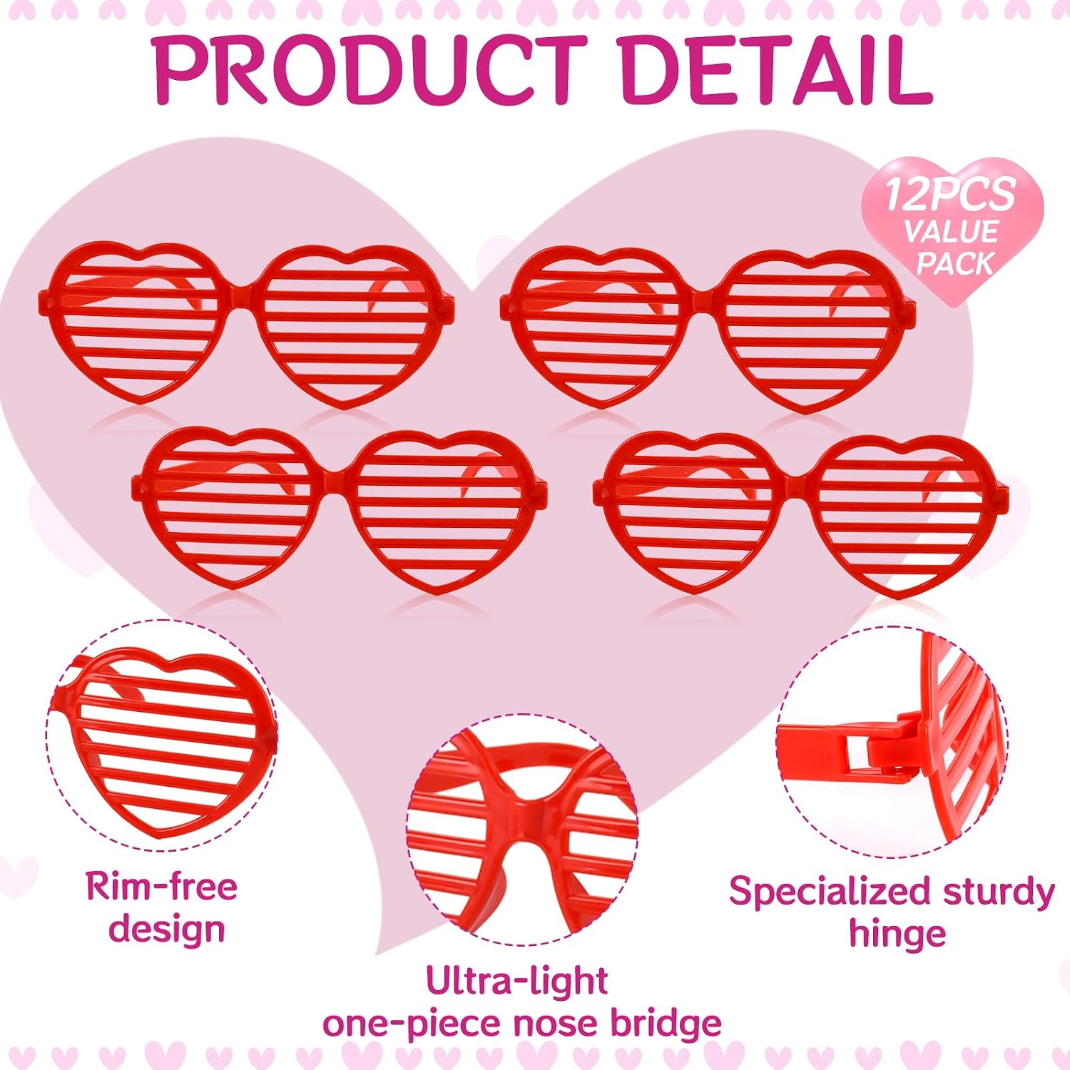 12 Pcs Heart Shaped Shutter Shade Glasses with Gift Cards, Valentines Party Favors, Valentine's Classroom Exchange Prizes Gifts for Kids Boys Girls (Red) image 3
