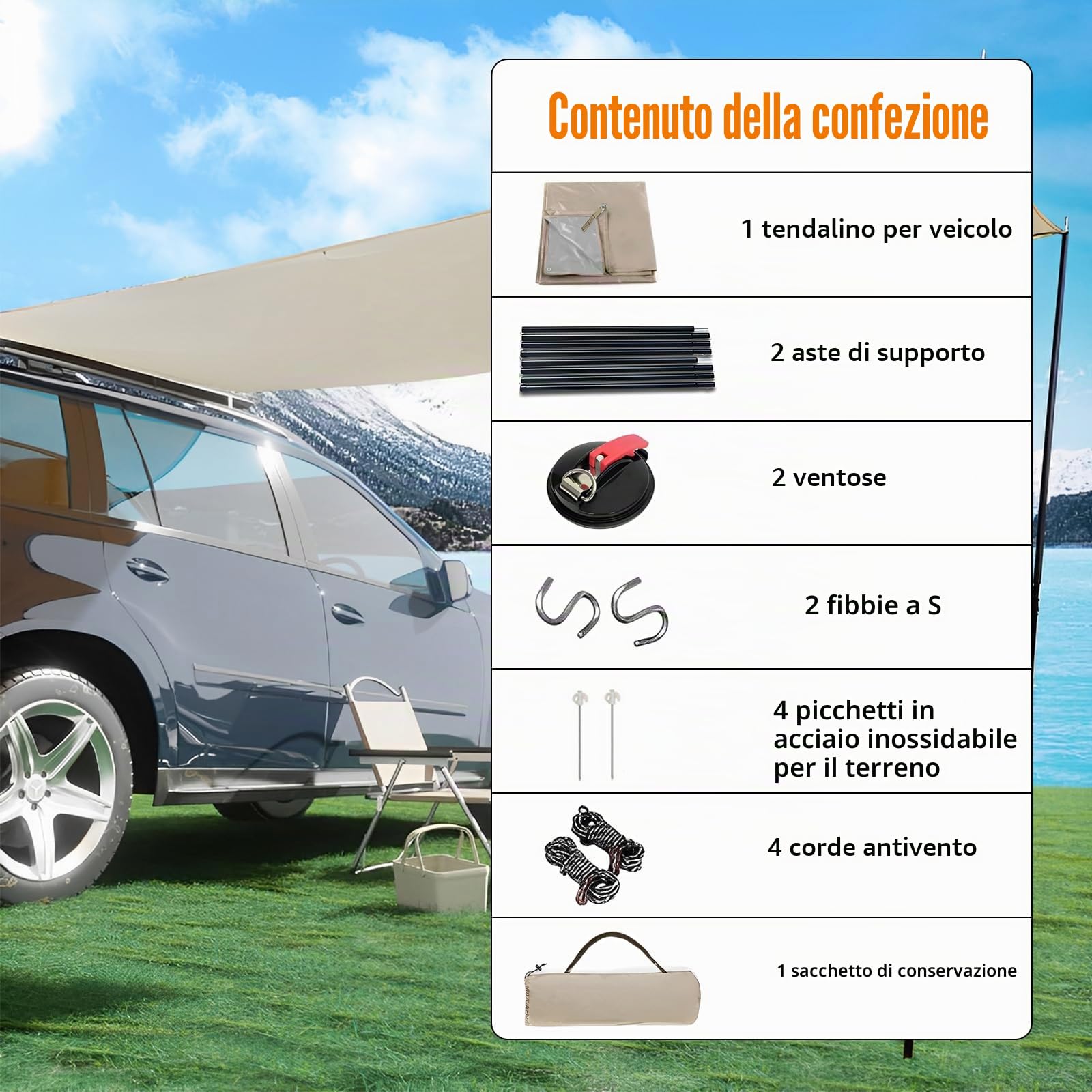 LIROPAU Motorhome Tarp, 4,3 x 2 m Tendalino Camper Impermeabile Tenda da Sole con 2 Pali per Tenda, 2 Ventose, 4 Corde Antivento, 4 Picchetti per per Camper Furgone Van, Roulotte