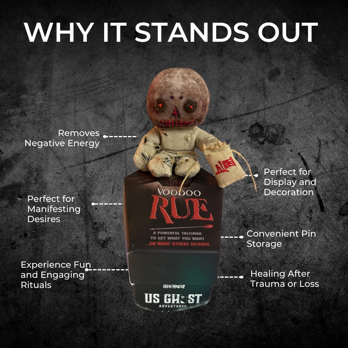 Voodoo Rue Handcrafted Collectors Doll - 7” Poseable Burlap Doll with Bendable Arms, Includes Set of Pins and 8” Coffin Carrying Case - Spooky Dolls
