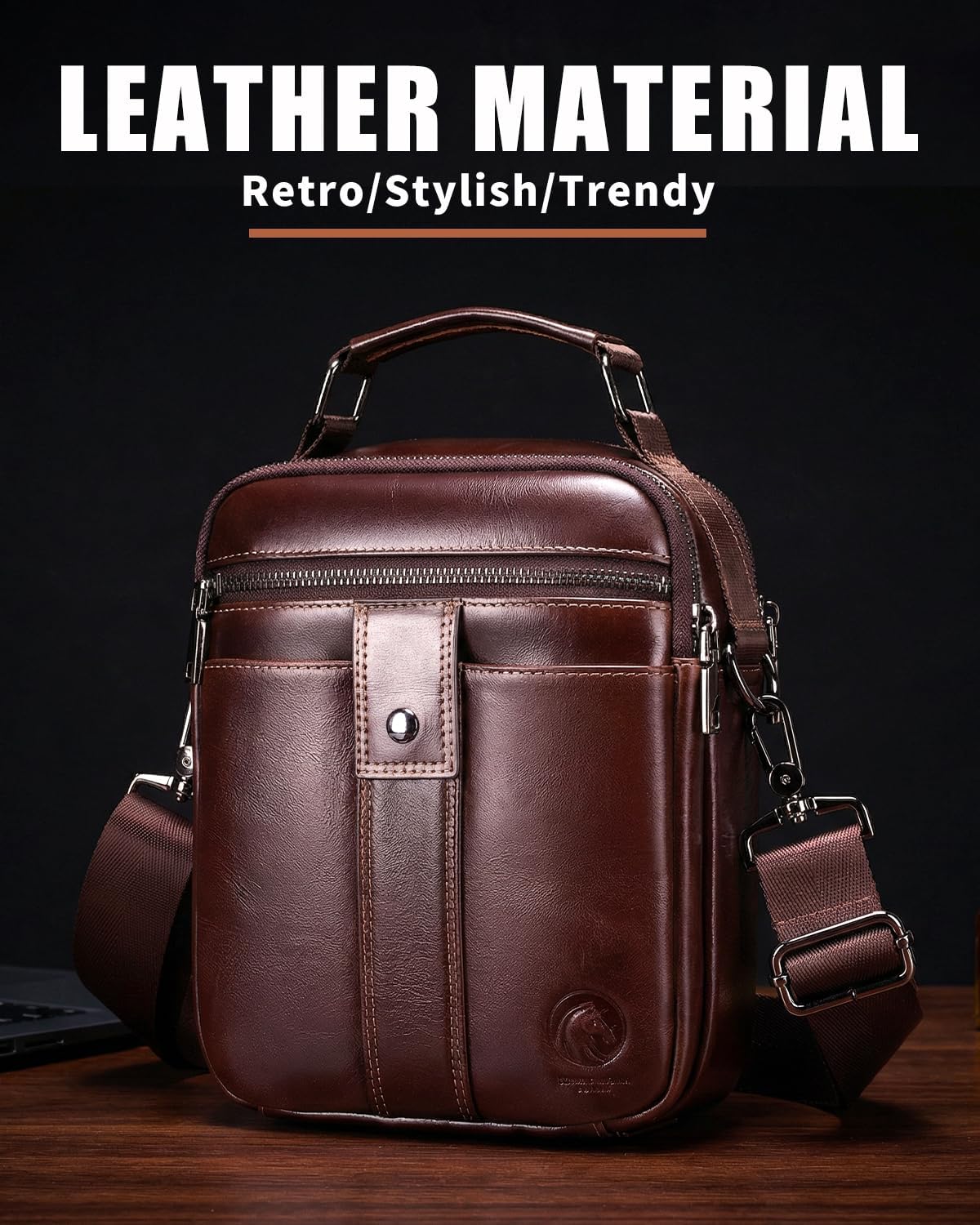 RAINBOW HORSE Men's Full Grain Leather Crossbody Bag, Vintage Genuine Leather Shoulder Bag, Multi-Pocket Casual Messenger Bag with Top Handle & Adjustable Strap for Daily Work, Travel, Casual Outings