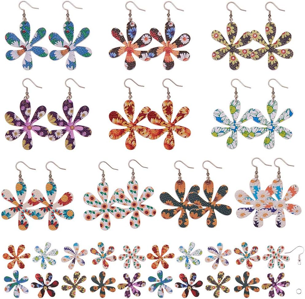 SUNNYCLUE DIY Make 10 Pairs Flower Printed Leather Lightweight Teardrop Drop Dangle Flower Earring Making Starter Kit Jewelry Making Supplies for Women Beginners, Platinum