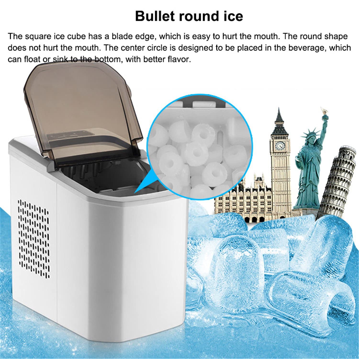 Máquina de hielo, máquina de hielo para encimera de encimera para el hogar, función de autolimpieza, 7,2 kg, 24 horas, 9 cubos listos en 8 minutos con pantalla LED para fiestas, mezcla de hielo