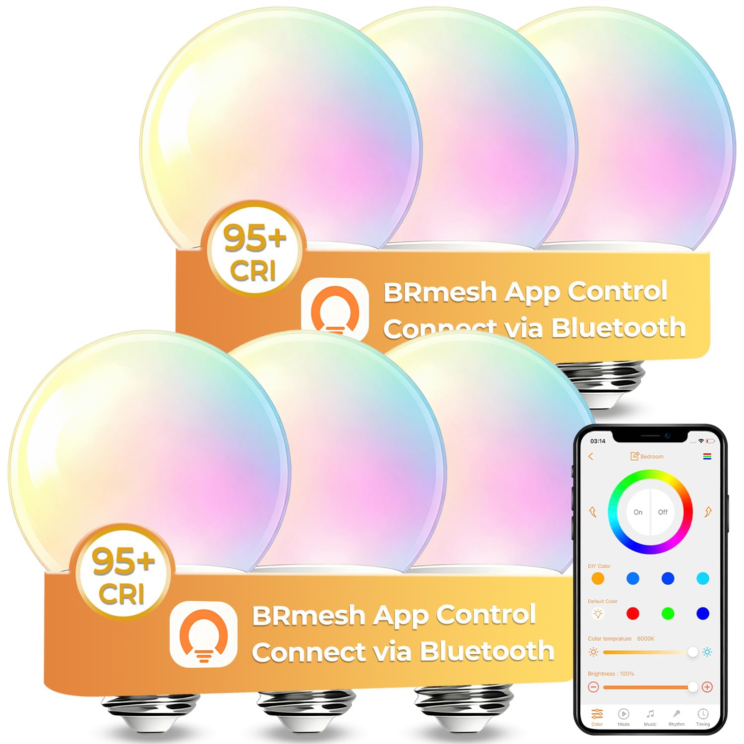 Color Changing, Tunable 2700K-6000K, 60W Equivalent, 1600 Million Colors, for Bathroom Vanity Makeup Mirror, BRmesh APP E26 ILC G25 LED Globe Light Bulbs, CRI 95+, Vanity Light Bulbs APP Control