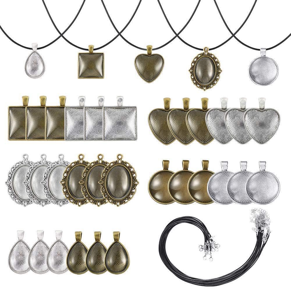 Pendant Trays Set 75Pcs Pendant Trays and Cabochons for Jewelry Making 5 Styles Pendant Trays with Glass Cover and Necklaces Cords for Necklaces Making